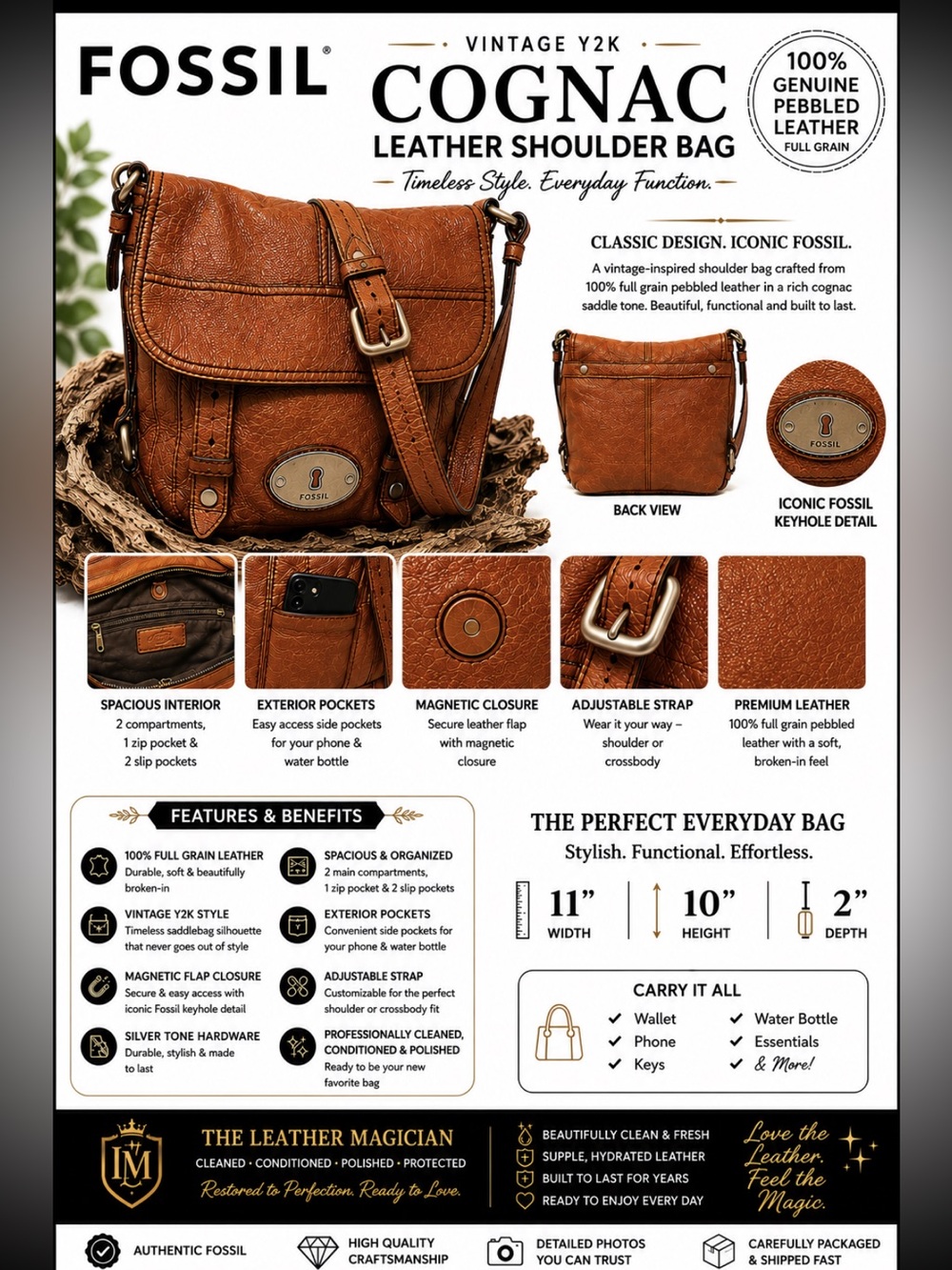 Fossil Vintage Y2K Cognac Shoulder Crossbody Bag Saddlebag Organizer